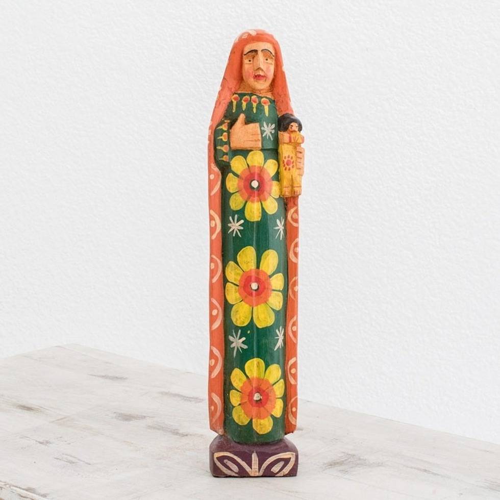 Floral Pinewood Mary Statuette Crafted in Guatemala 'Love for Mary'