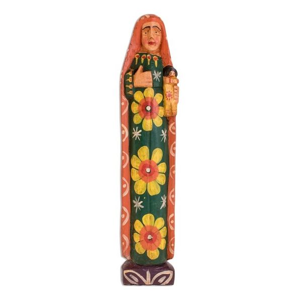Alternate image for Floral Pinewood Mary Statuette Crafted in Guatemala Love for Mary