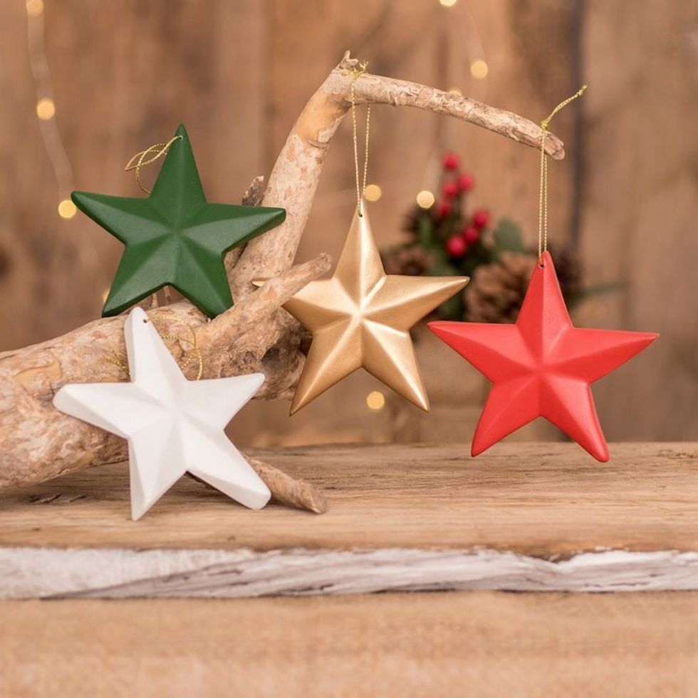 Assorted Wood Star Ornaments from Guatemala Set of 4 'Colorful Light'