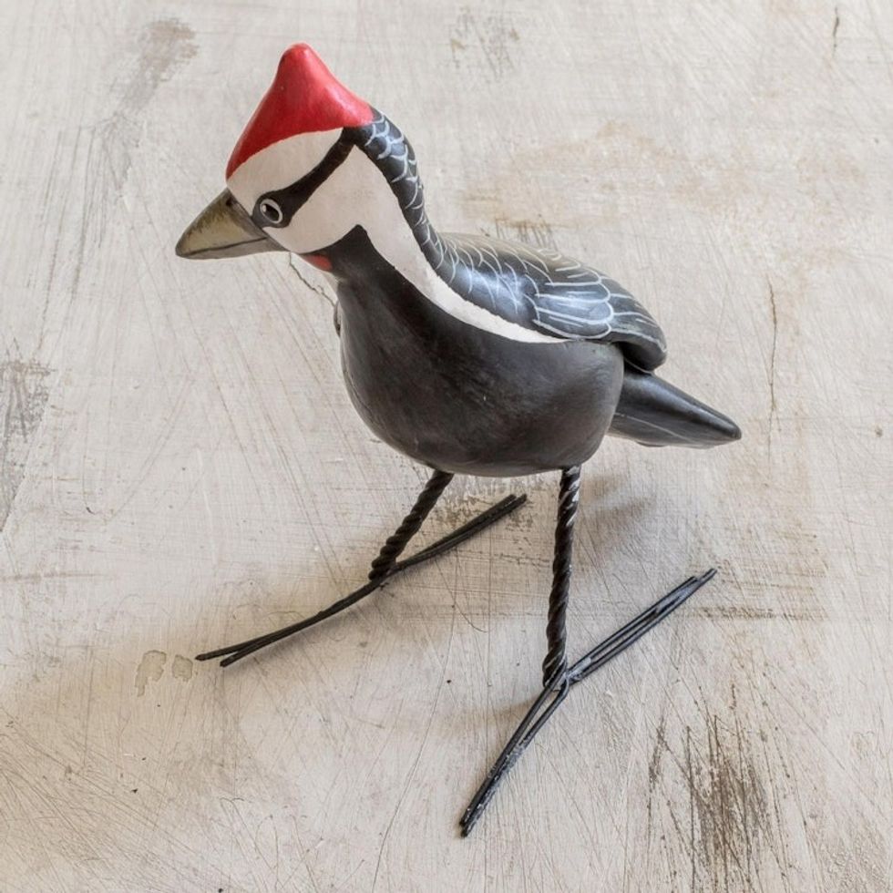 Guatemalan Handcrafted Posable Ceramic Woodpecker Figurine 'Pileated Woodpecker''