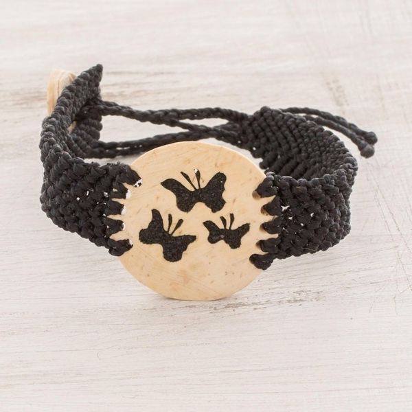 Alternate image for Butterfly Motif Coconut Shell and Lava Stone Bracelet Three Butterflies