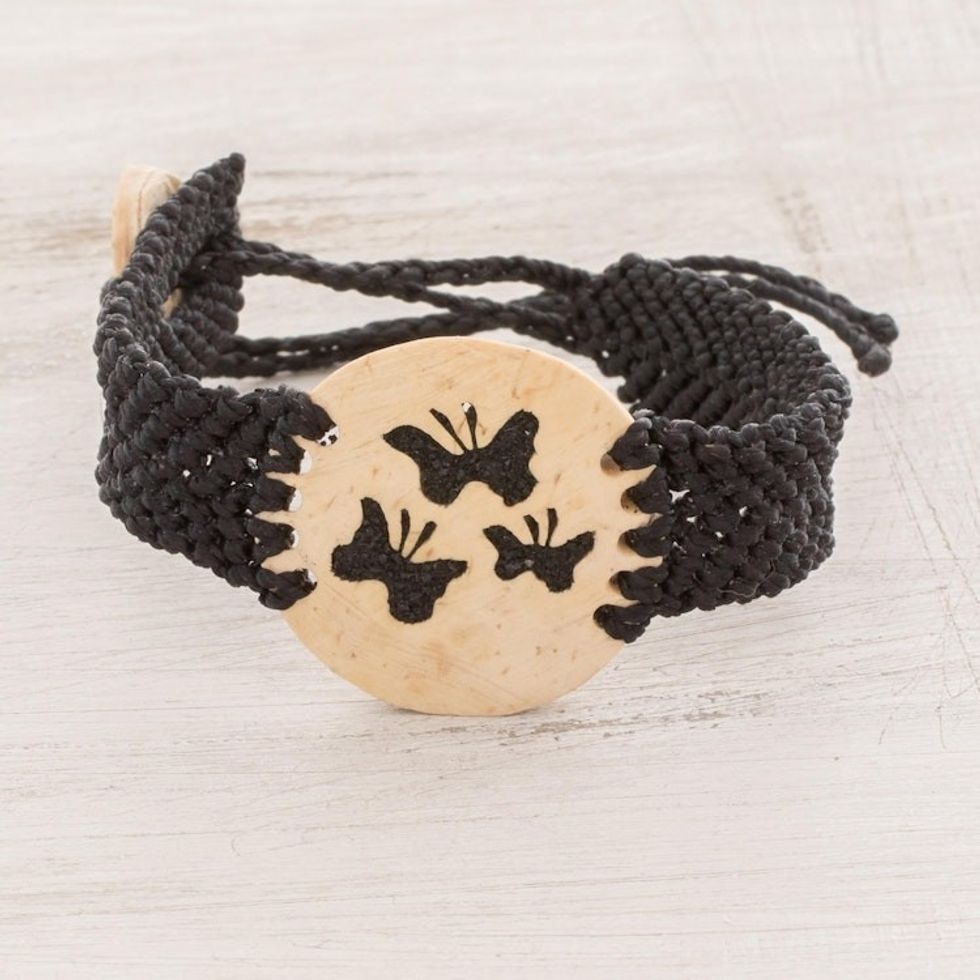 Butterfly Motif Coconut Shell and Lava Stone Bracelet 'Three Butterflies'