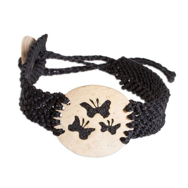 Alternate image for Butterfly Motif Coconut Shell and Lava Stone Bracelet Three Butterflies