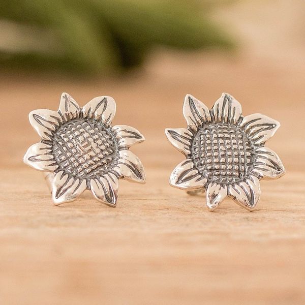 Alternate image for Oxidized Sterling Silver Sunflower Earrings from Guatemala Vintage Sunflower