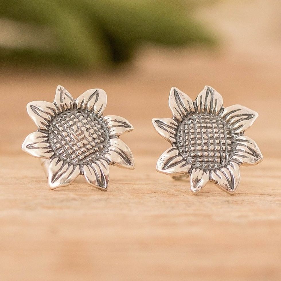 Oxidized Sterling Silver Sunflower Earrings from Guatemala 'Vintage Sunflower'