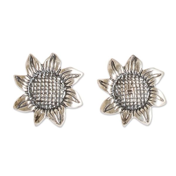 Alternate image for Oxidized Sterling Silver Sunflower Earrings from Guatemala Vintage Sunflower