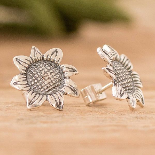 Alternate image for Oxidized Sterling Silver Sunflower Earrings from Guatemala Vintage Sunflower