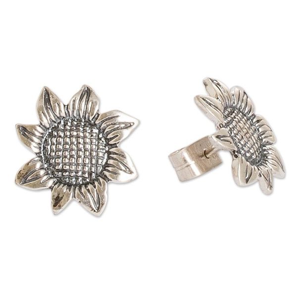 Alternate image for Oxidized Sterling Silver Sunflower Earrings from Guatemala Vintage Sunflower