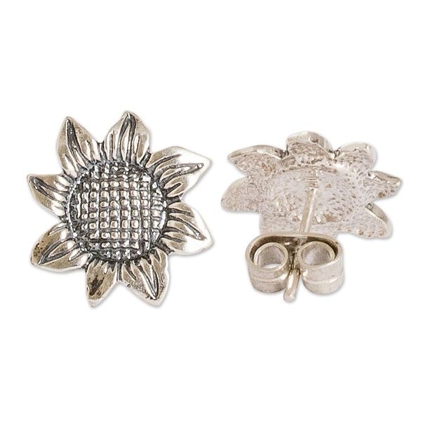 Alternate image for Oxidized Sterling Silver Sunflower Earrings from Guatemala Vintage Sunflower