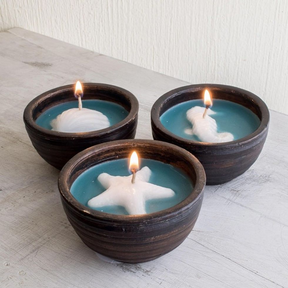 Ceramic Jar Filled Sealife Candle Set Set of 3 'Sea Breeze'