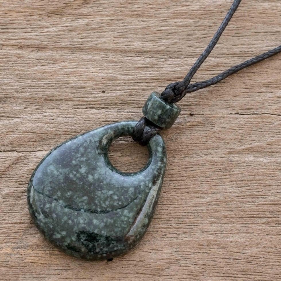 Guatemalan Natural Dark Green Jade Pendant Necklace 'Gota de Lluvia'