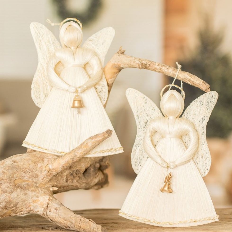 Natural Fiber Angel Ornaments from Costa Rica Pair 'Holy Announcement'