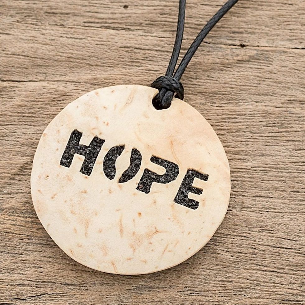 Hope-Themed Coconut Shell and Lava Stone Pendant Necklace 'Have Hope'