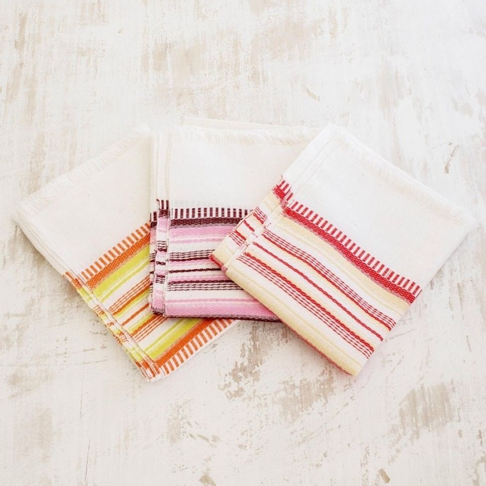 Set of 3 Handwoven Guatemalan Cotton Dish Towels 'Warm Colors'