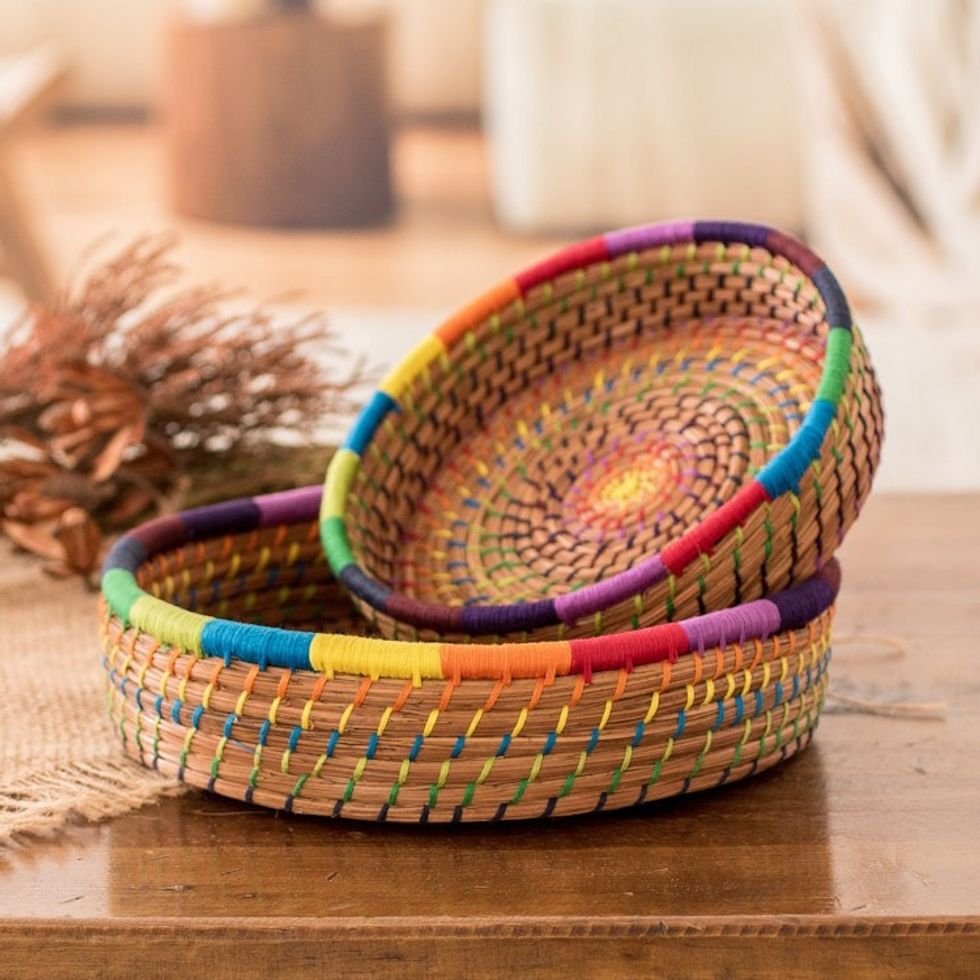 Handmade Pine Needle and Cotton Baskets in Rainbow Pair 'Journey to Tecpan in Rainbow'