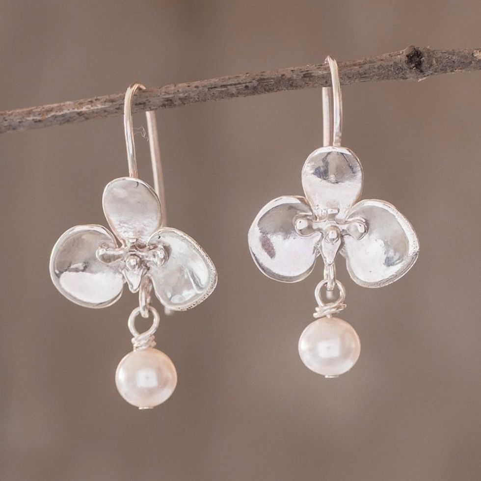 Flower Earrings with Cultured Pearls 'Sweet Orchid'