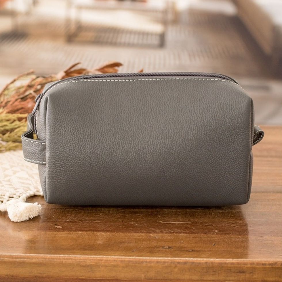 Hand Crafted Grey Leather Men's Toiletry Case 'Man of the World in Flint'