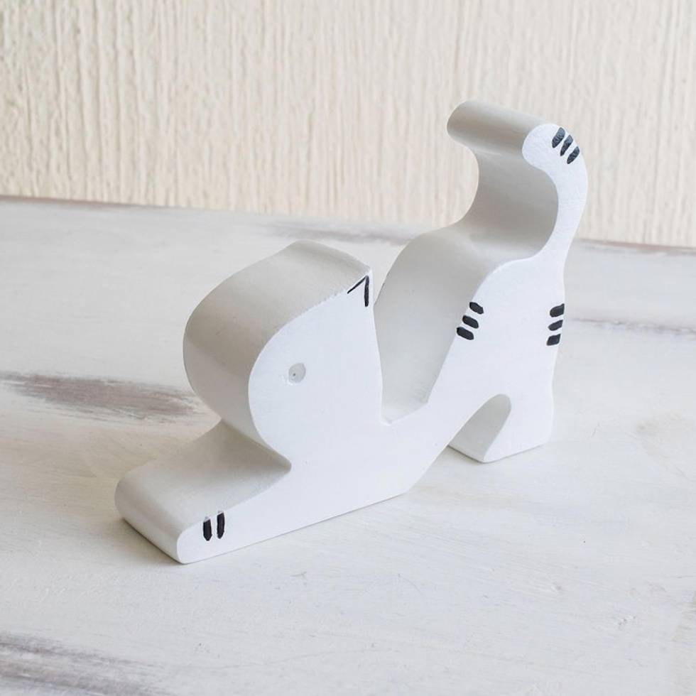 Hand-carved Wood Cat Phone Holder From Guatemala 'Stretching Cat'