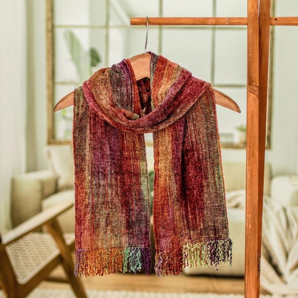 Multicolored Rayon Chenille Scarf from Guatemala 'Wine Festival'