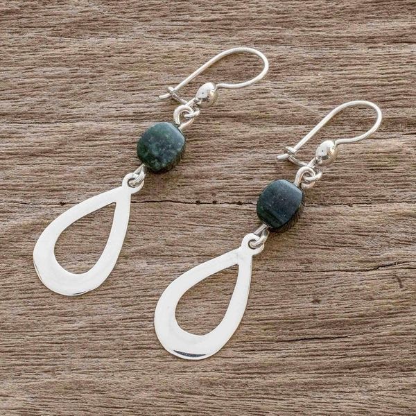 Alternate image for Dark Green Jade and Sterling Silver Dangle Earrings Ancestral Beauty in Dark Green