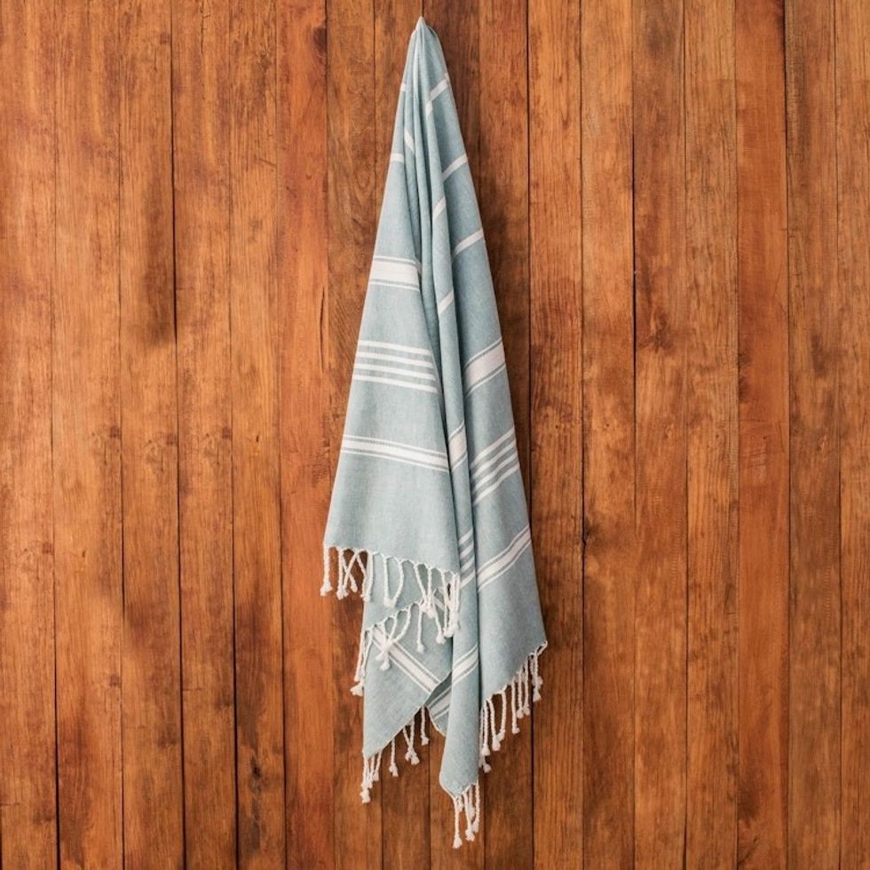Striped Cotton Beach Towel in Teal from Guatemala 'Sweet Relaxation in Teal'