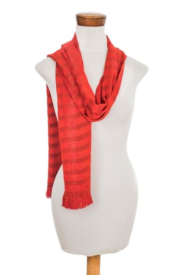 Alternate image for Crimson and Tangerine Cotton Wrap Scarf from Guatemala Subtle Passion