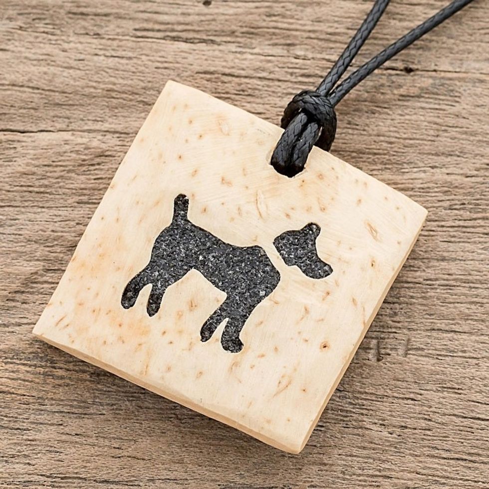 Coconut Shell and Lava Stone Dog Pendant Necklace 'Best Friend'