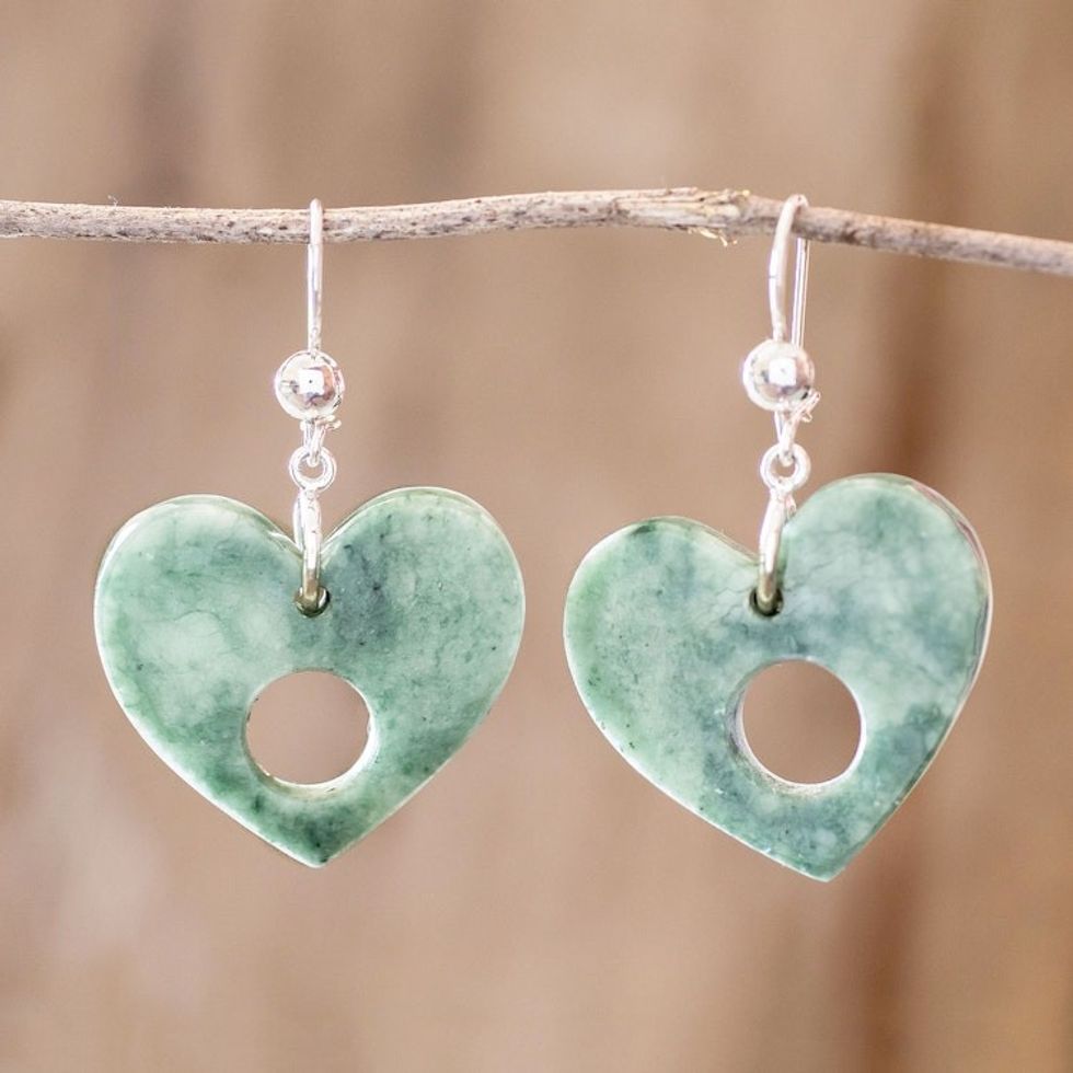 Heart-Shaped Green Jade Dangle Earrings 'Heart Passage'