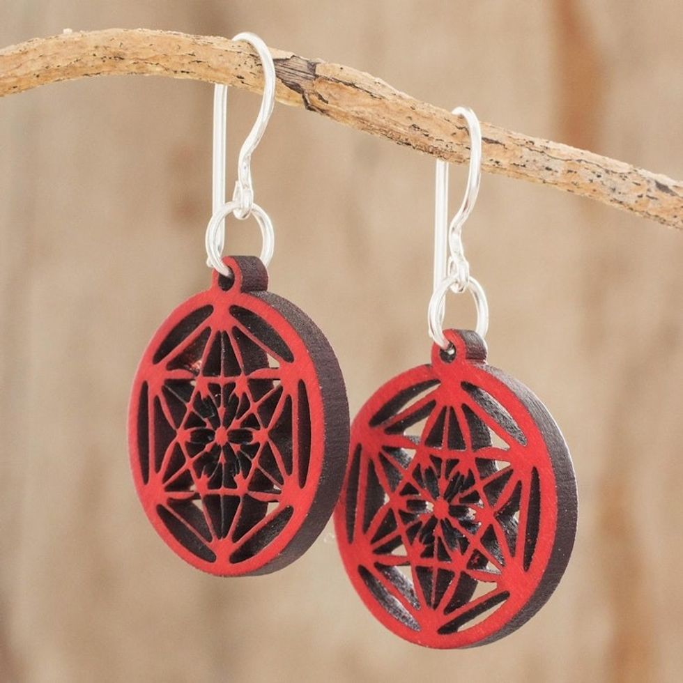 Star Pattern Recycled Wood Dangle Earrings in Red 'Stellar Magic in Red'