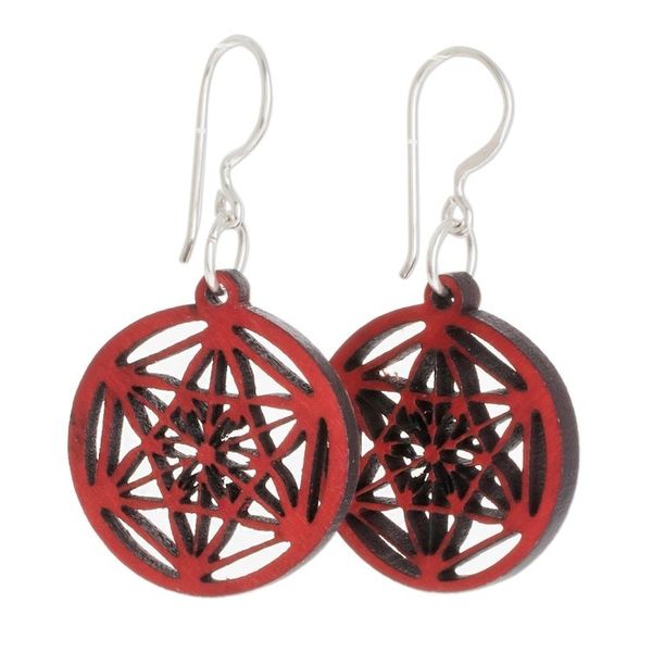 Alternate image for Star Pattern Recycled Wood Dangle Earrings in Red Stellar Magic in Red