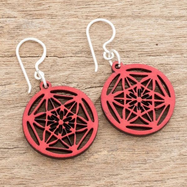 Alternate image for Star Pattern Recycled Wood Dangle Earrings in Red Stellar Magic in Red