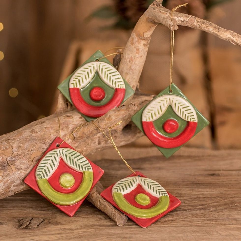 Red and Green ceramic Ornaments from Guatemala Set of 4 'Christmas Baskets'