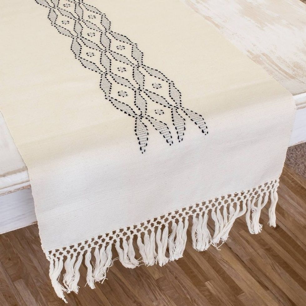 Alabaster Cotton Table Runner with Dark Azure Accents 'Coban Diamonds in Azure'