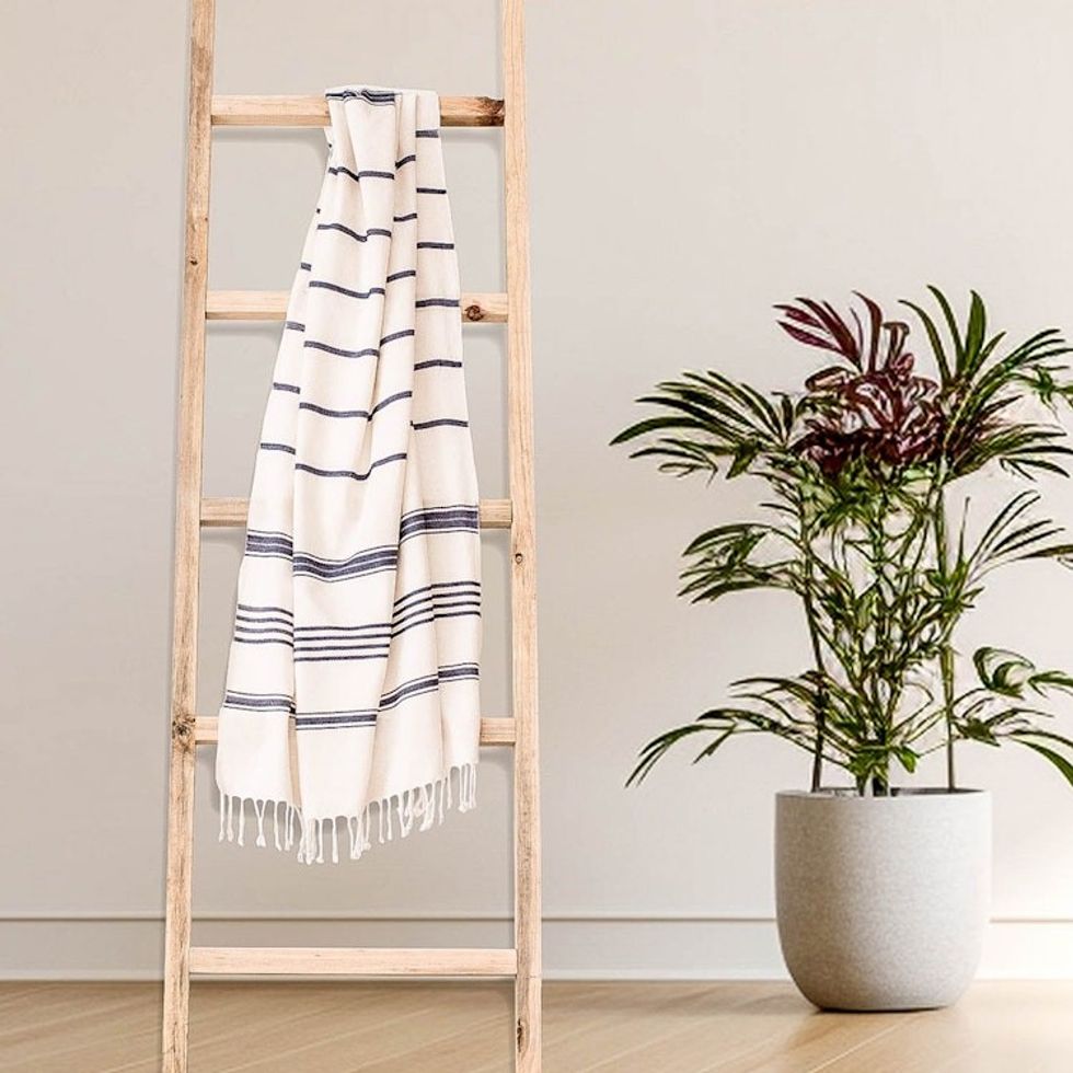 Snow White Cotton Beach Towel with Indigo Stripes 'Sweet Relaxation in Snow White'