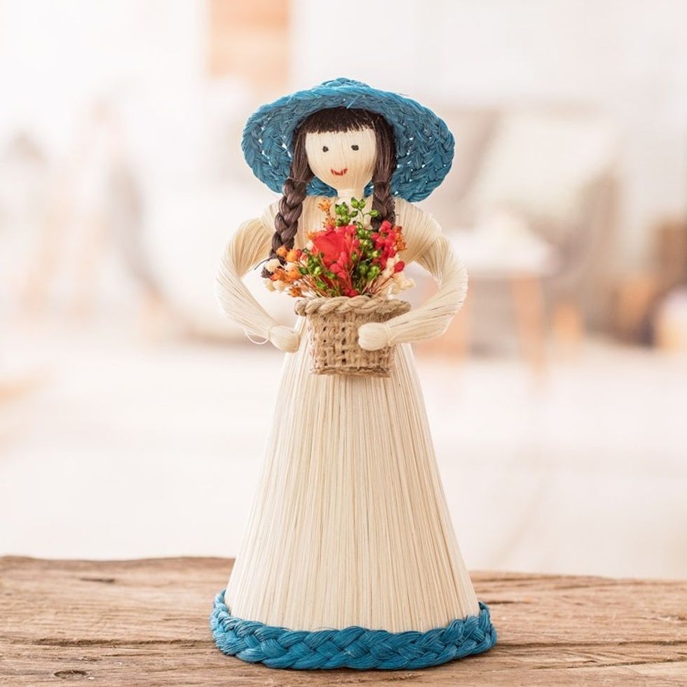 Natural Fiber Statuette of a Woman Gathering Flowers 'Country Flowers'