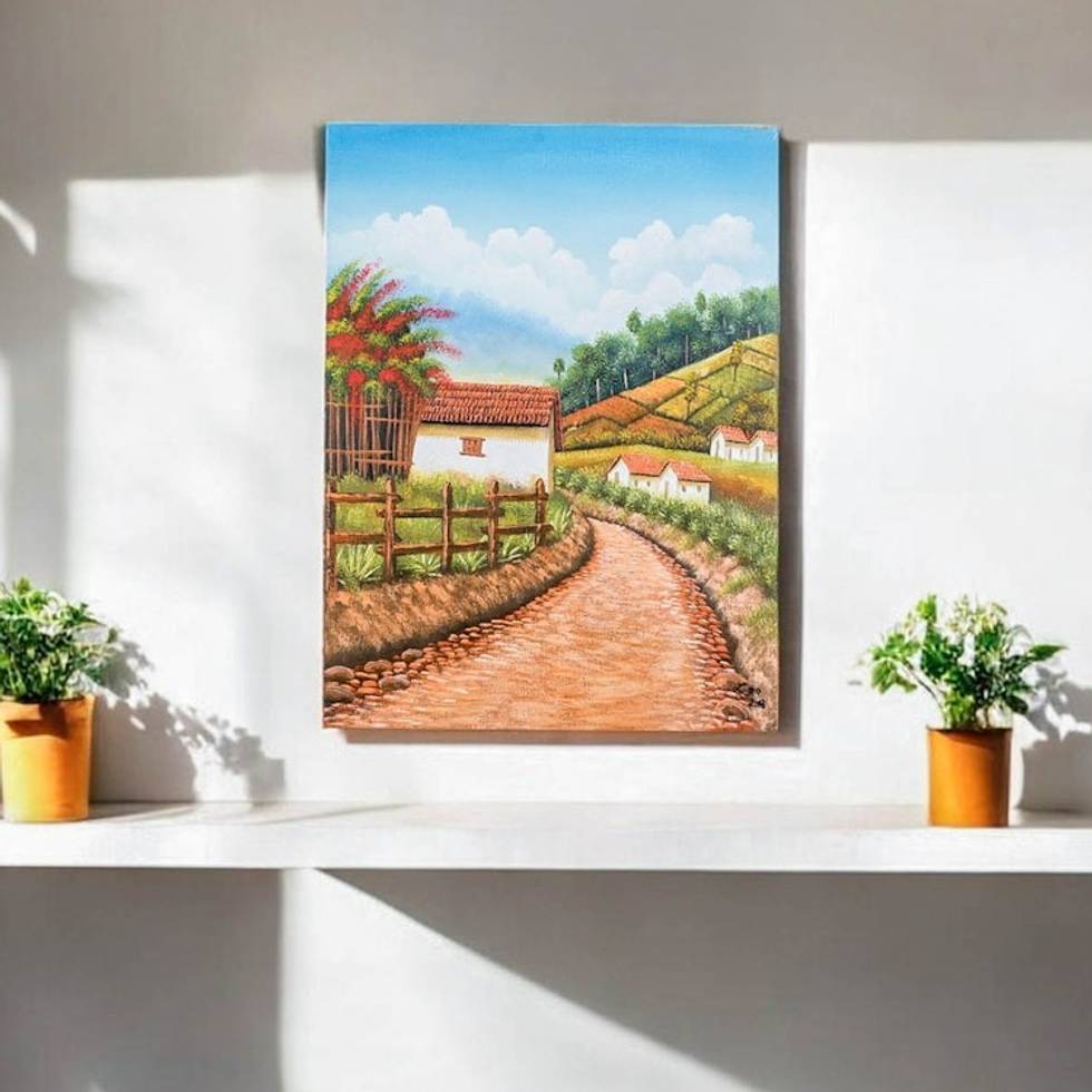 Signed Folk Art Landscape Painting from Guatemala 'Zunil'