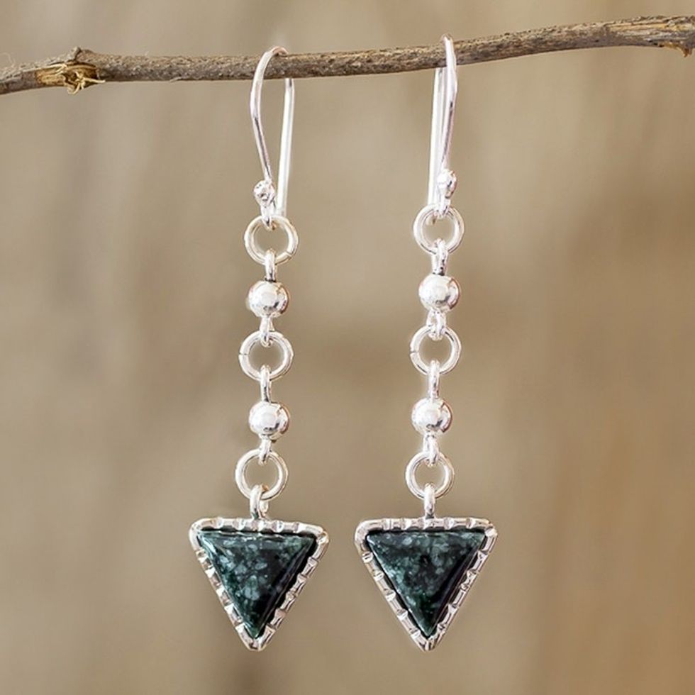 Dark Green Jade Dangle Earrings from Guatemala 'Maya Chains in Dark Green'