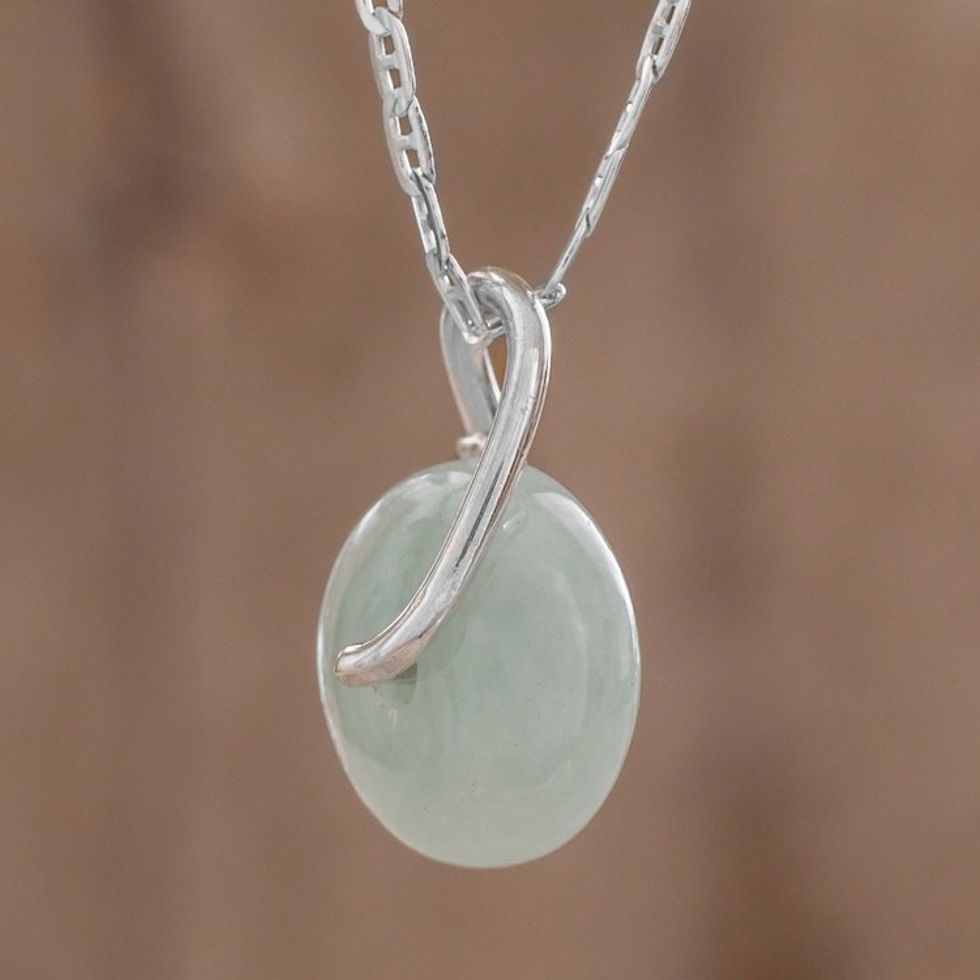 Round Apple Green Jade Pendant Necklace from Guatemala 'Apple Green Wheel of Fortune'