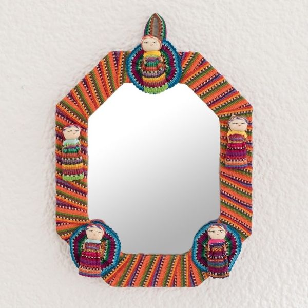Alternate image for Octagonal Cotton Wall Mirror with Worry Dolls from Guatemala Quitapenas Octagon