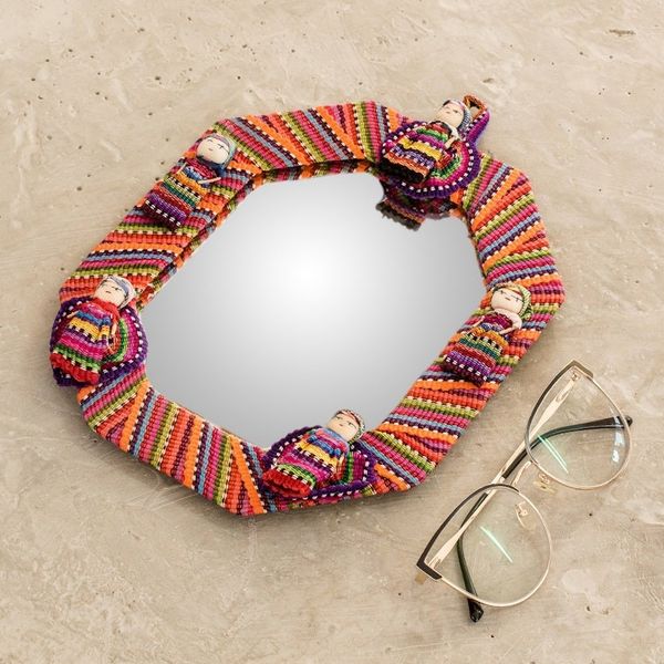 Alternate image for Octagonal Cotton Wall Mirror with Worry Dolls from Guatemala Quitapenas Octagon