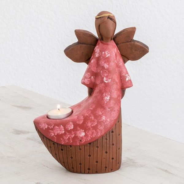 Alternate image for Ceramic Angel Tealight Candleholder from El Salvador Red Angel of Light