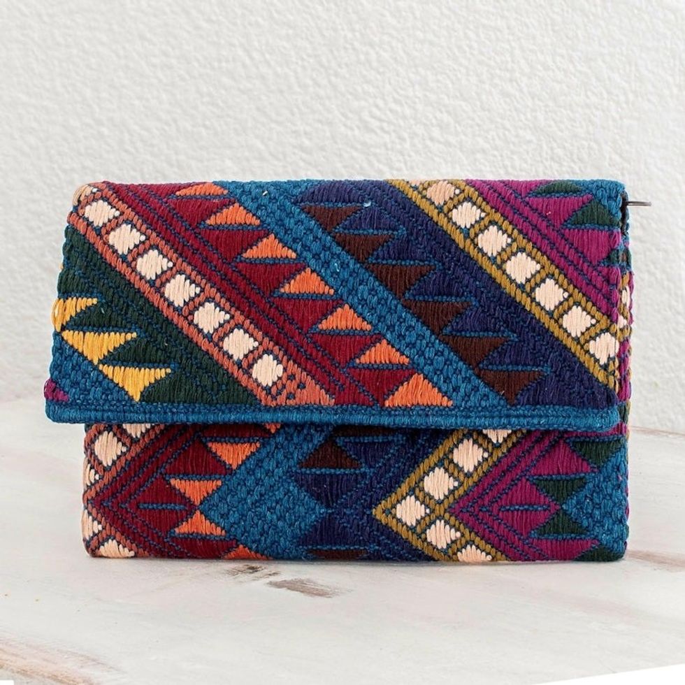 Handwoven Brown-Blue-Purple Cotton Clutch Handbag 'Mountain Range in Shadow'