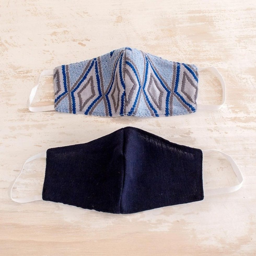 2 Handwoven Blue Cotton Masks in Brocade Solid Navy 'Blue Diamond Brocade'