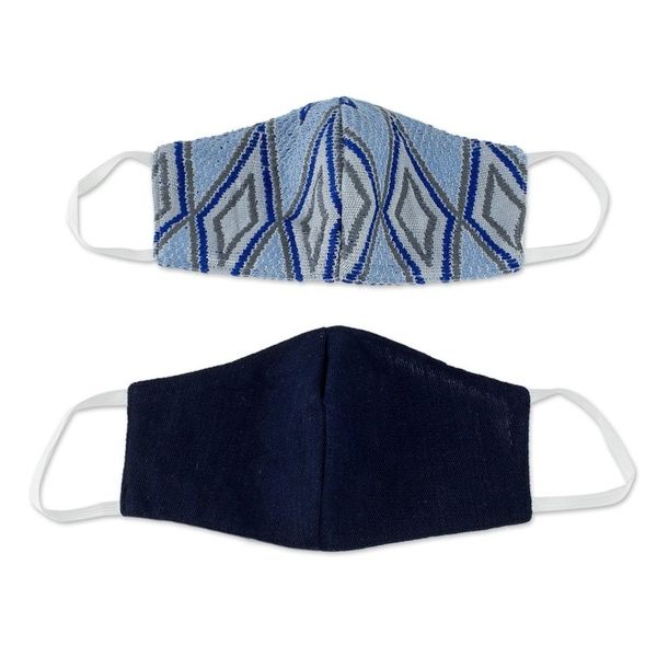 Alternate image for 2 Handwoven Blue Cotton Masks in Brocade Solid Navy Blue Diamond Brocade