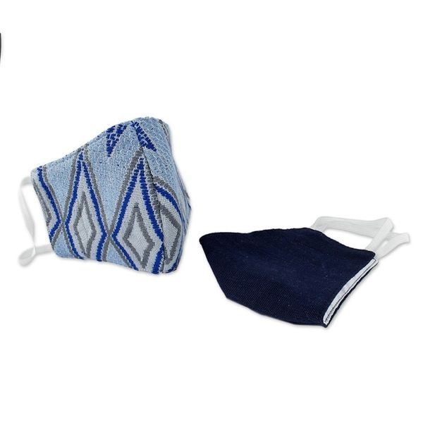 Alternate image for 2 Handwoven Blue Cotton Masks in Brocade Solid Navy Blue Diamond Brocade