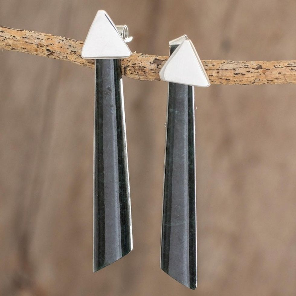 Triangular Dark Green Jade Drop Earrings from Guatemala 'Shooting Triangles'