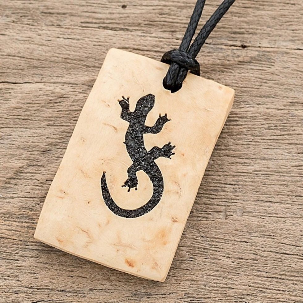 Coconut Shell and Lava Stone Gecko Pendant Necklace 'Gecko Rectangle'