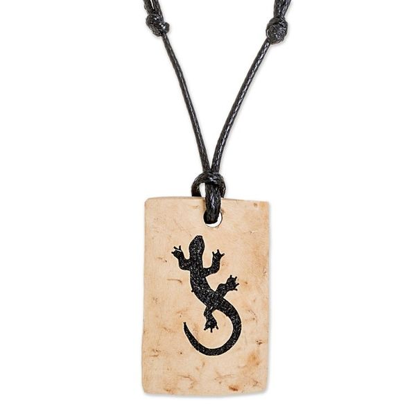 Alternate image for Coconut Shell and Lava Stone Gecko Pendant Necklace Gecko Rectangle