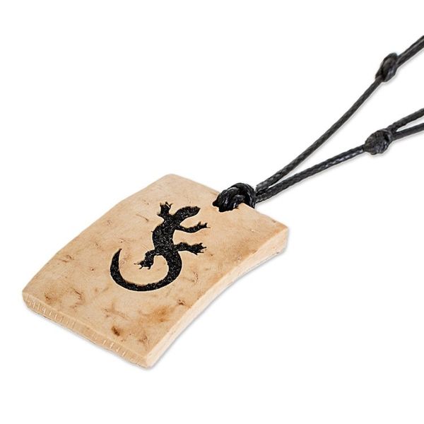 Alternate image for Coconut Shell and Lava Stone Gecko Pendant Necklace Gecko Rectangle