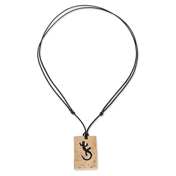 Alternate image for Coconut Shell and Lava Stone Gecko Pendant Necklace Gecko Rectangle